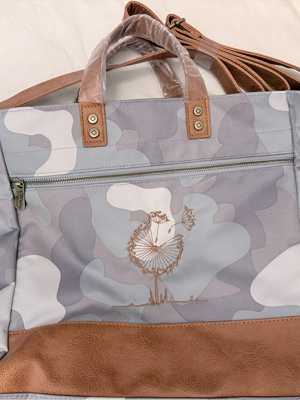Thirty-One Gray Camouflage Tote Bag with Tan Trim and embroidered design